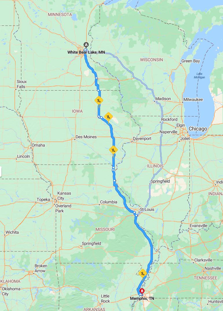 driving from White Bear Lake, Minnesota to MemphisTennessee - map and route