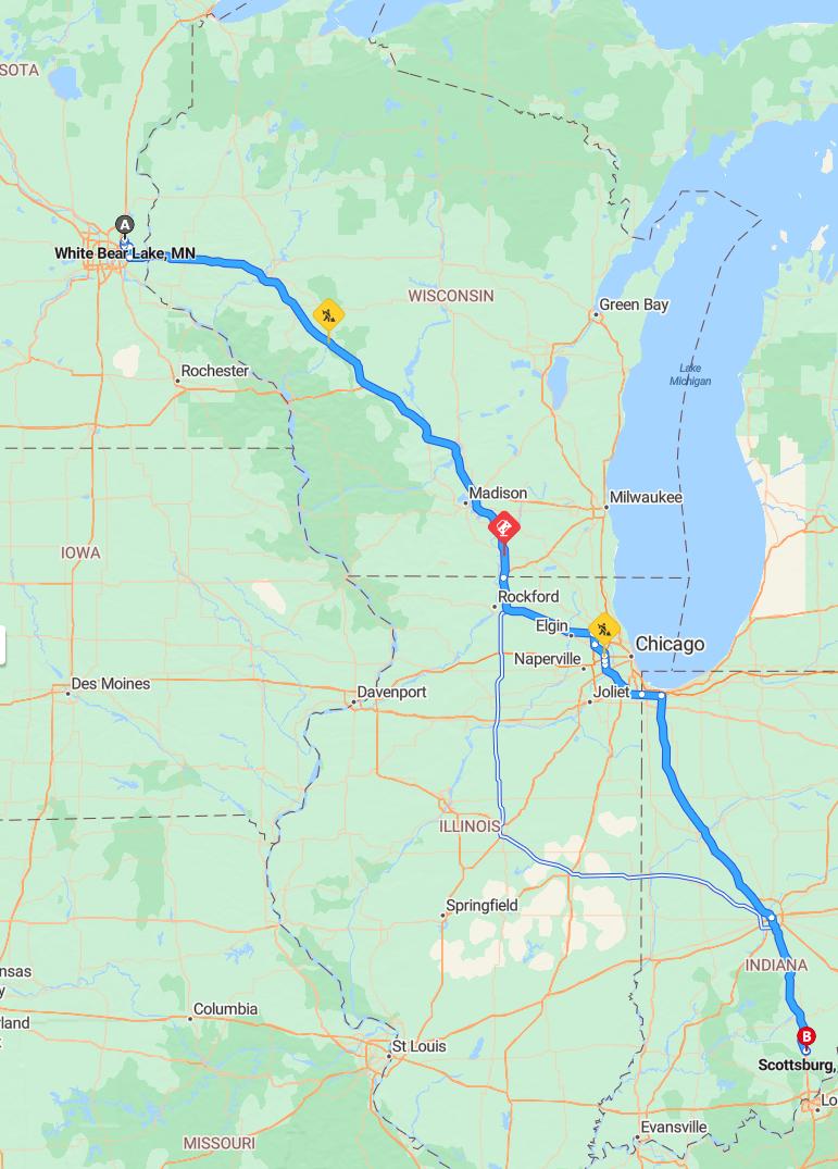 driving from White Bear Lake, Minnesota to ScottsburgIndiana - map and route