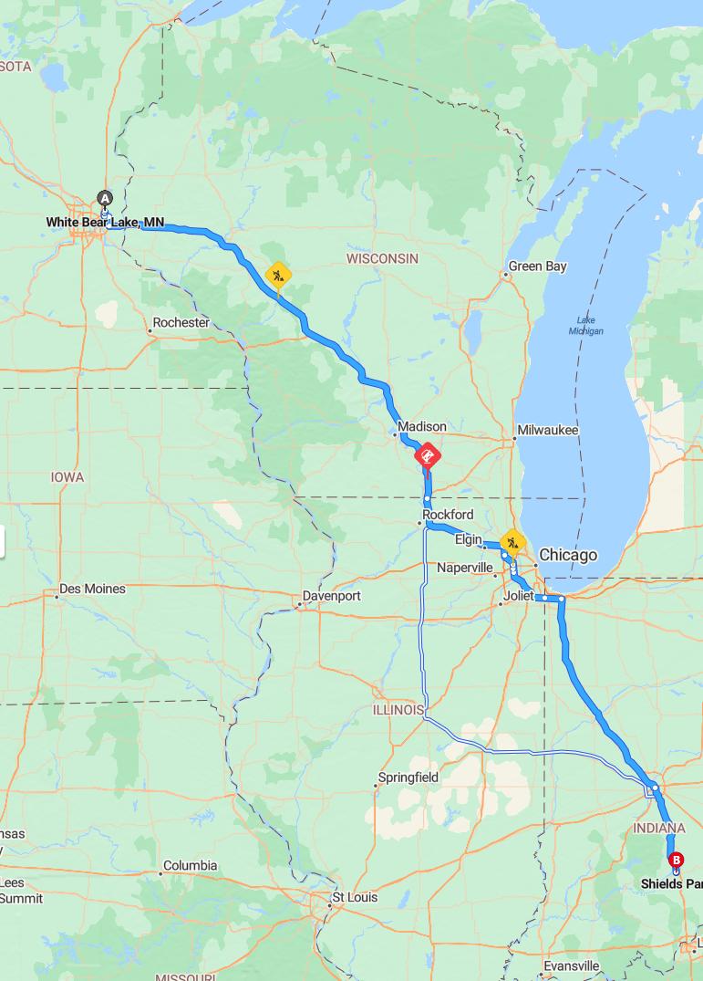 driving from White Bear Lake, Minnesota to Shields ParkIndiana - map and route