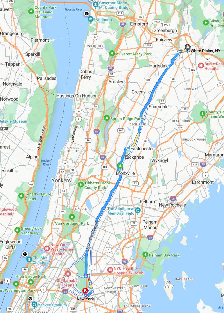 driving from White Plains, New York to New York CityNew York - map and route
