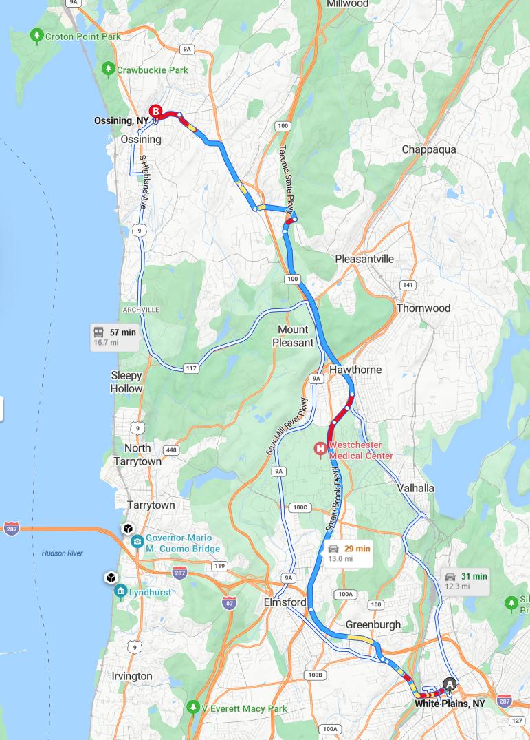 driving from White Plains, New York to OssiningNew York - map and route