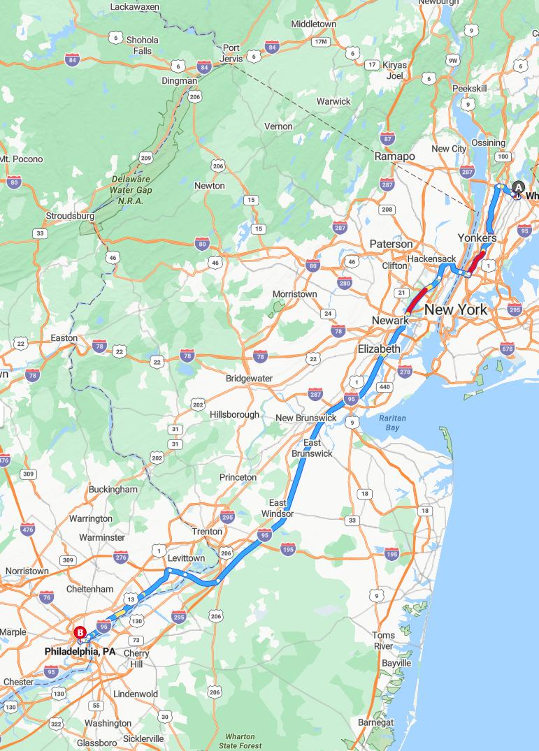 driving from White Plains, New York to PhiladelphiaPennsylvania - map and route