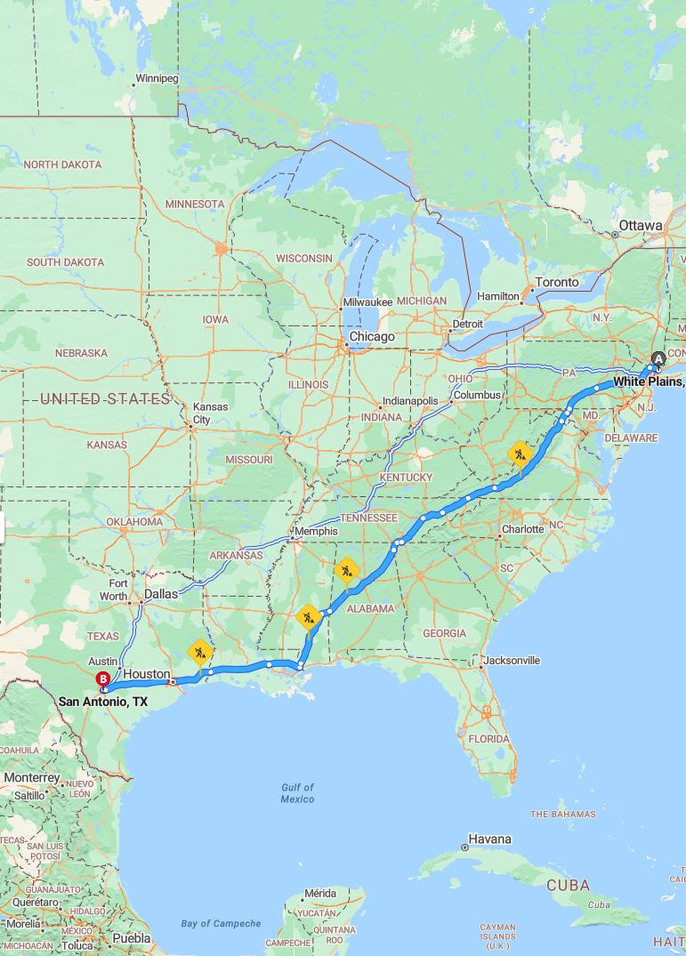 driving from White Plains, New York to San AntonioTexas - map and route