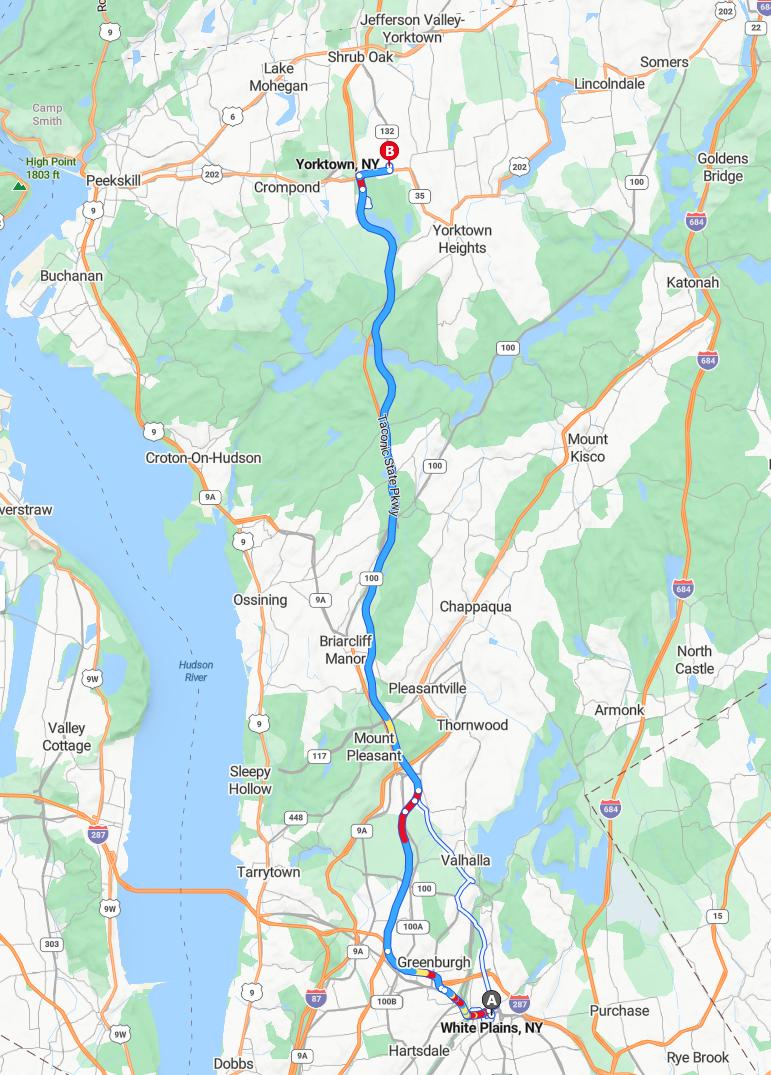 driving from White Plains, New York to YorktownNew York - map and route