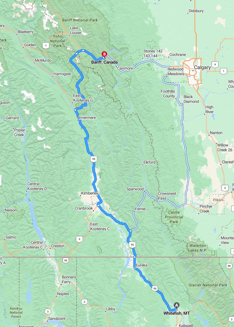 driving from Whitefish, Montana to BanffAlberta - map and route