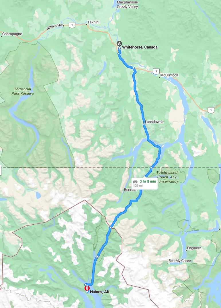 driving from Whitehorse, Yukon Territory to HainesAlaska - map and route