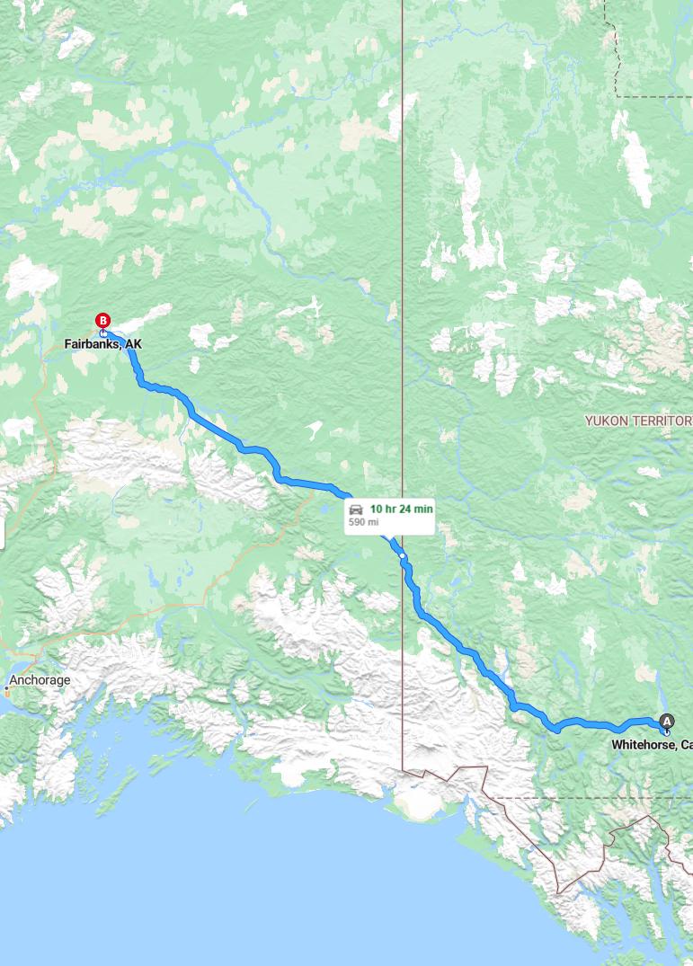 driving from Whitehorse, Yukon to FairbanksAlaska - map and route