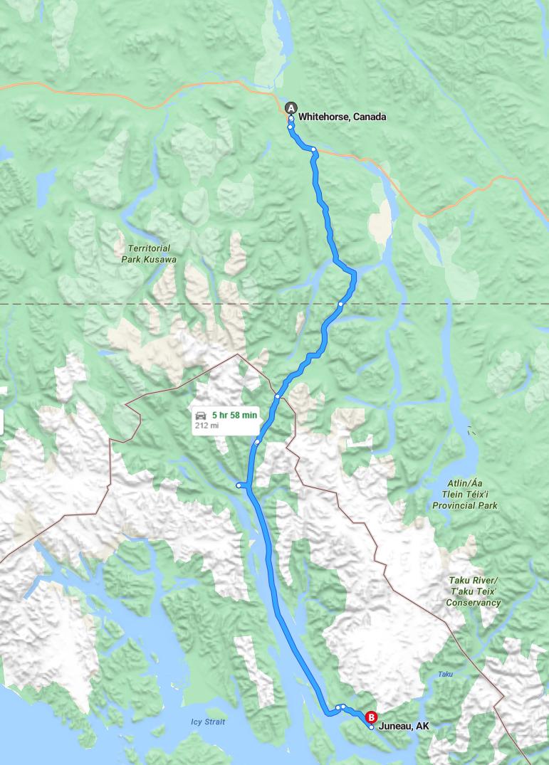 driving from Whitehorse, Yukon to JuneauAlaska - map and route
