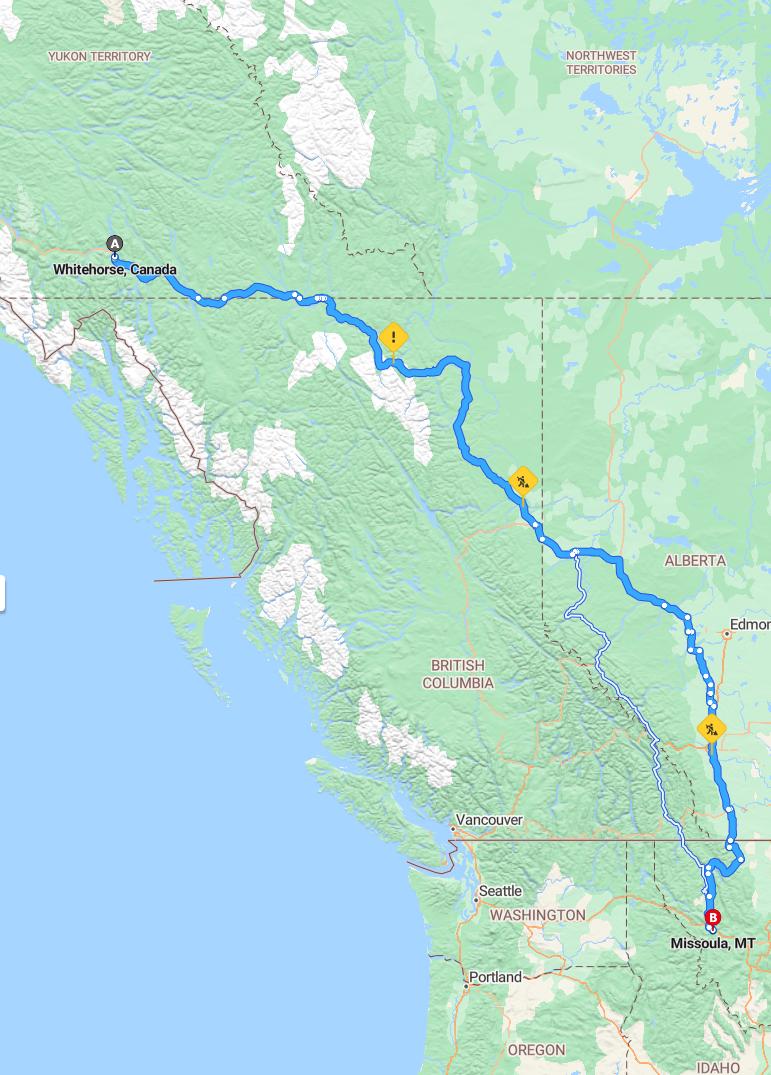 driving from Whitehorse, Yukon to MissoulaMontana - map and route
