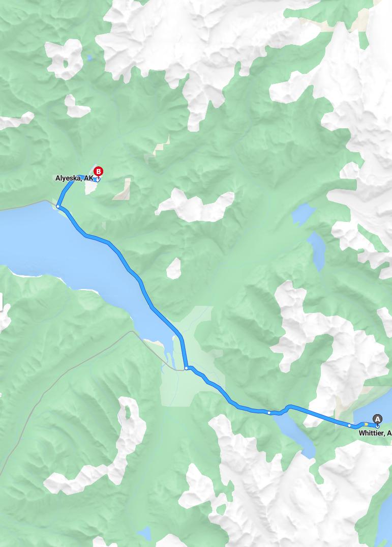 driving from Whittier, Alaska to AlyeskaAlaska - map and route