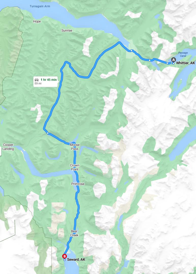 driving from Whittier, Alaska to SewardAlaska - map and route