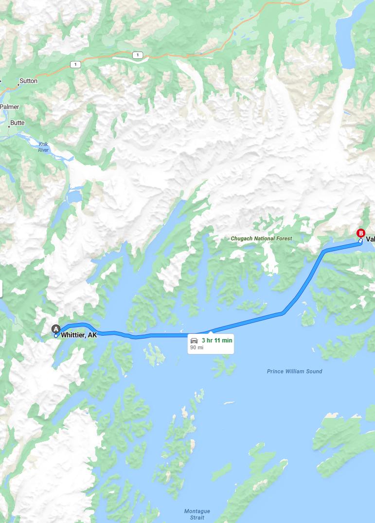 driving from Whittier, Alaska to ValdezAlaska - map and route