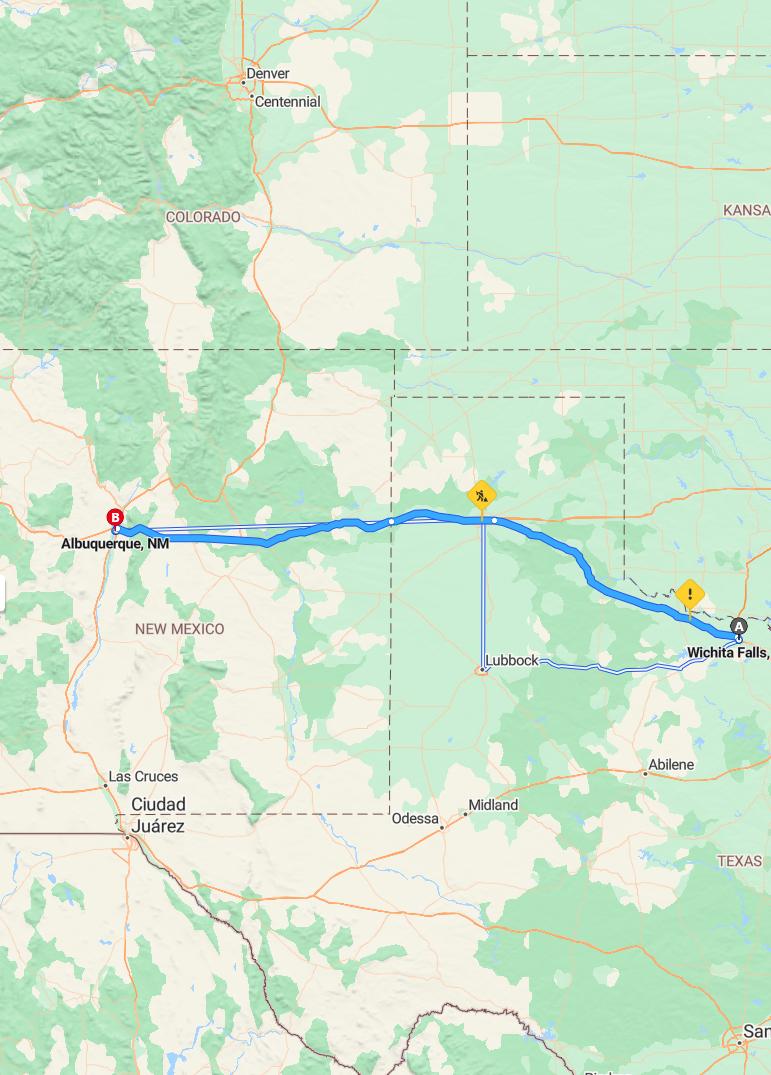 driving from Wichita Falls, Texas to AlbuquerqueNew Mexico - map and route
