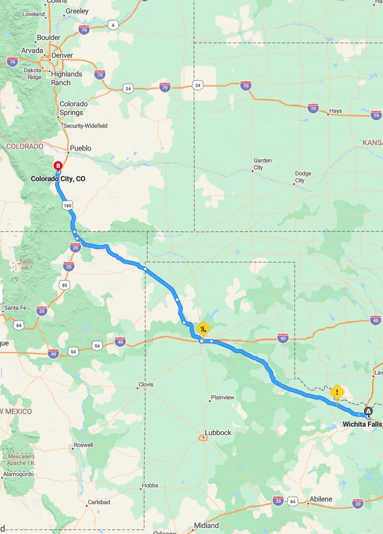 driving from Wichita Falls, Texas to Colorado CityColorado - map and route