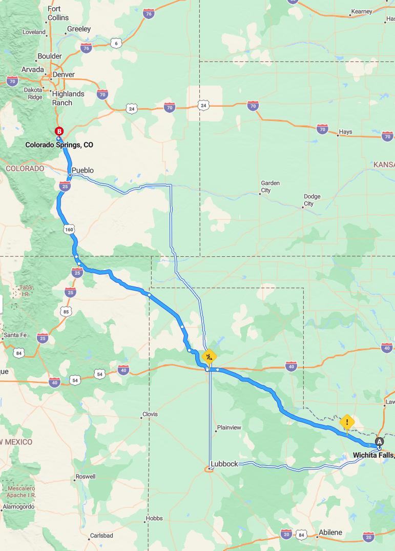 driving from Wichita Falls, Texas to Colorado SpringsColorado - map and route