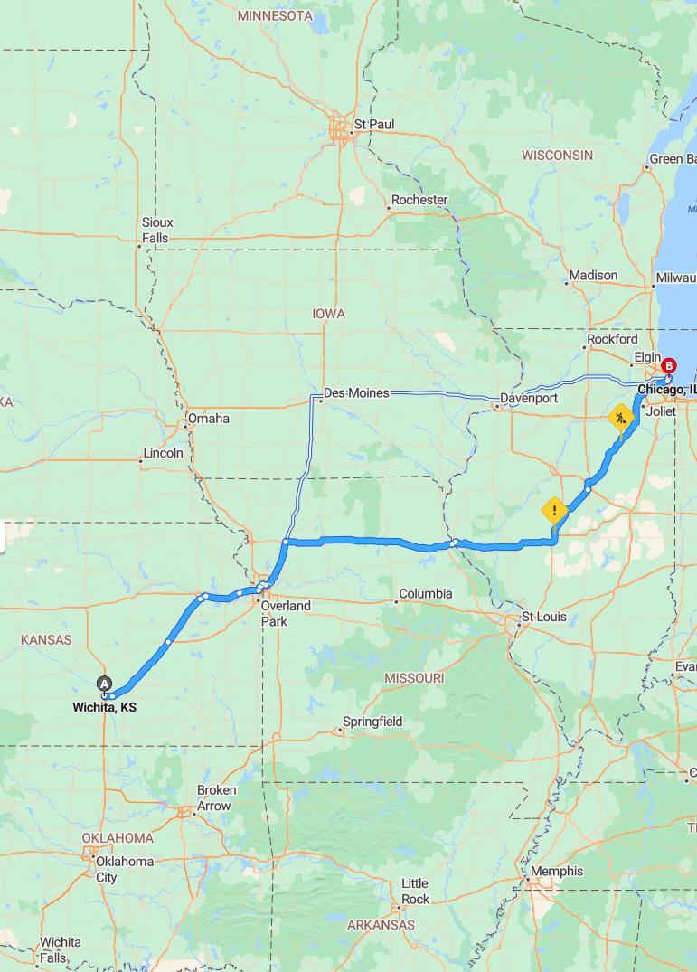 driving from Wichita, Kansas to ChicagoIllinois - map and route
