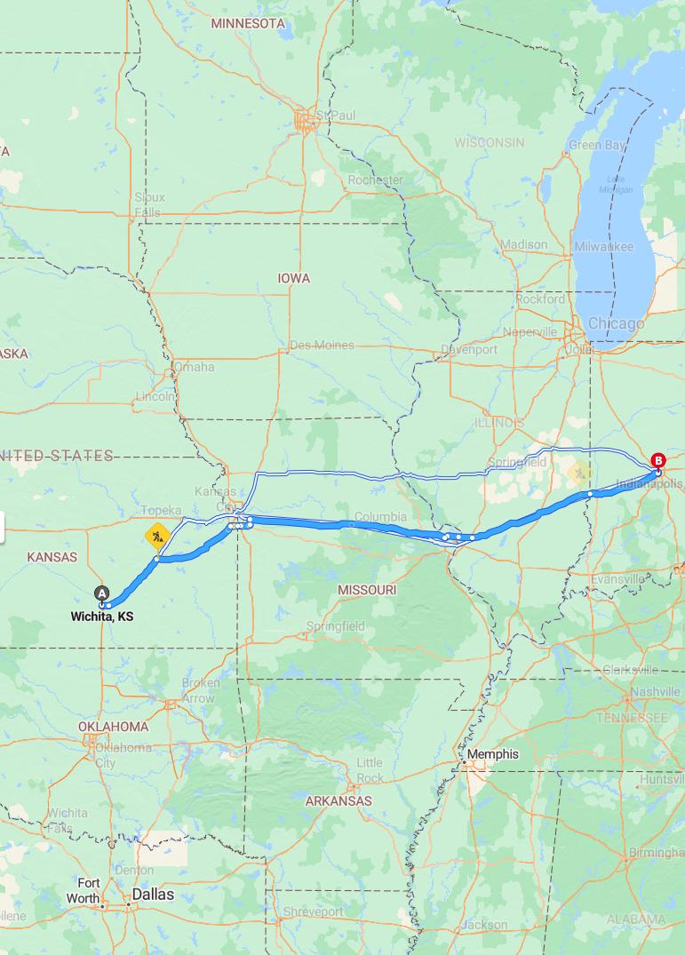 driving from Wichita, Kansas to IndianapolisIndiana - map and route