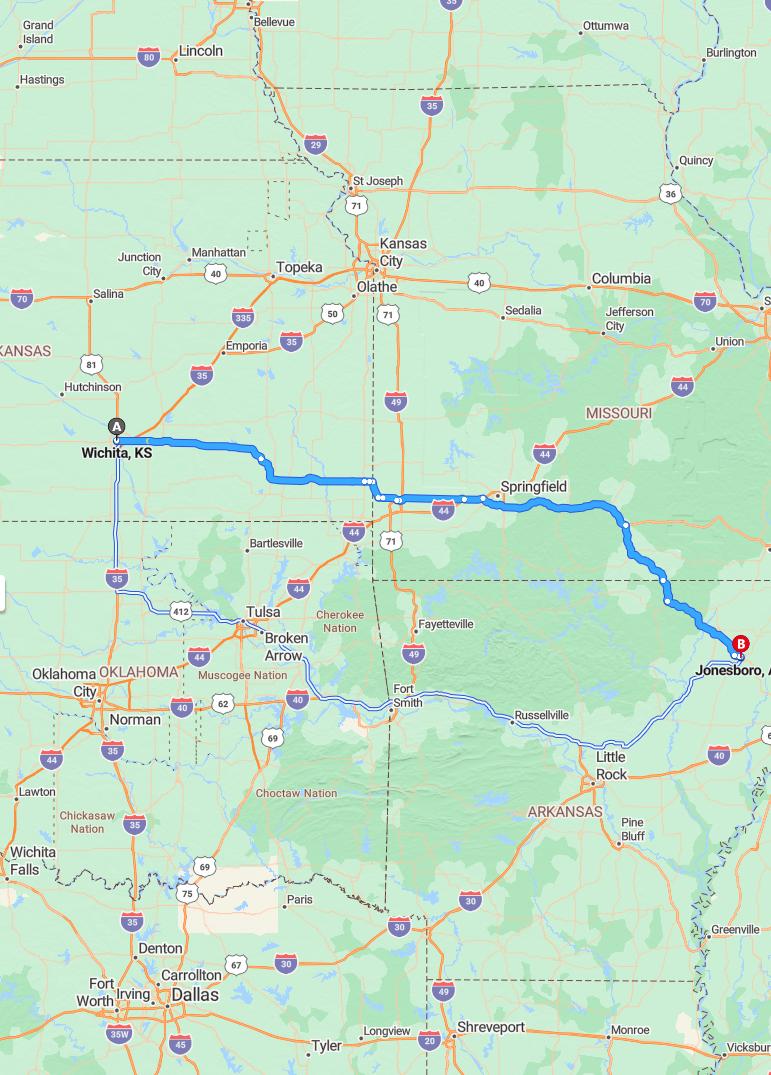 driving from Wichita, Kansas to JonesboroArkansas - map and route