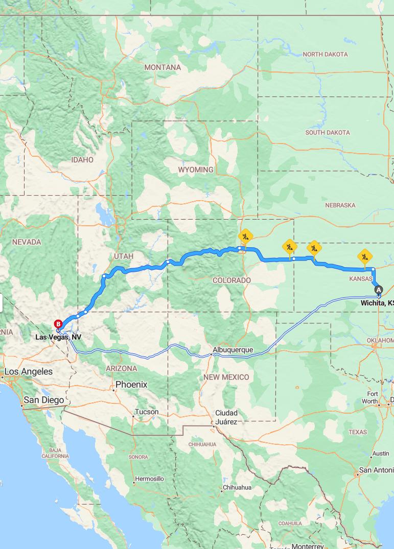 driving from Wichita, Kansas to Las VegasNevada - map and route