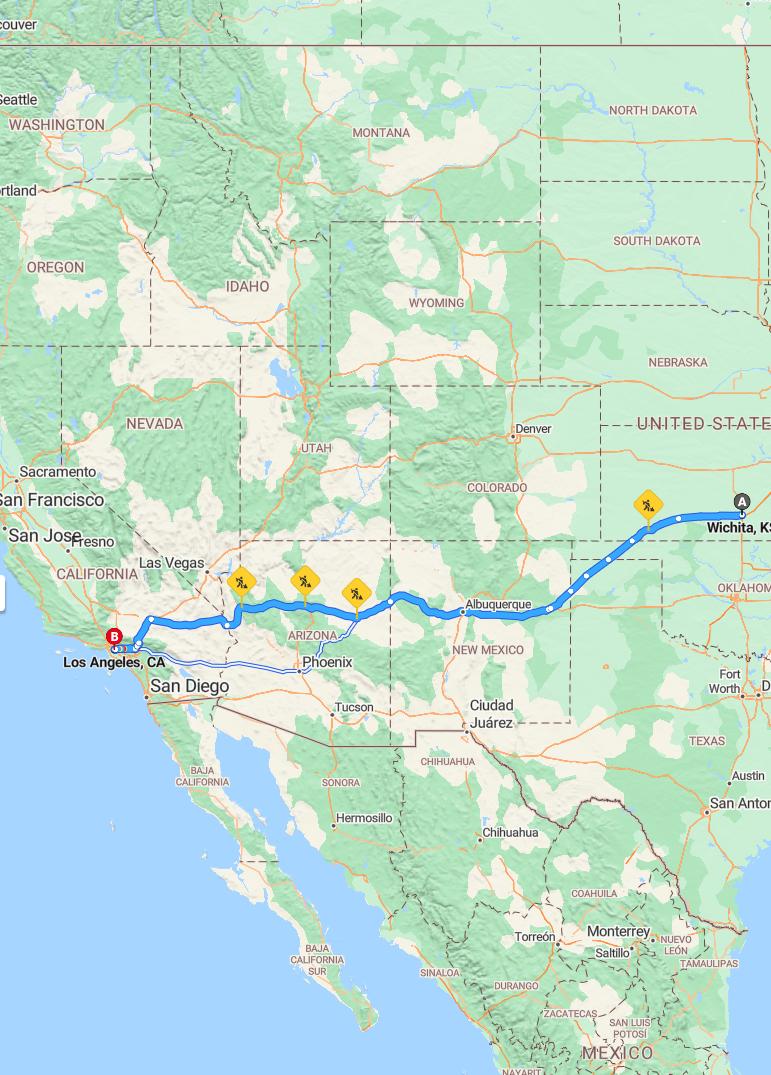 driving from Wichita, Kansas to Los AngelesCalifornia - map and route