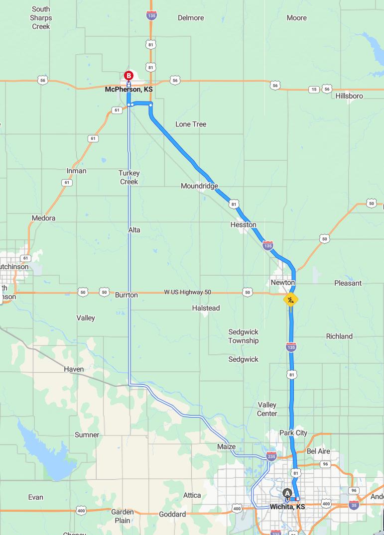 driving from Wichita, Kansas to McPhersonKansas - map and route
