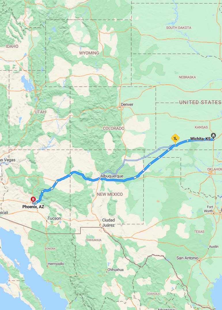 driving from Wichita, Kansas to PhoenixArizona - map and route
