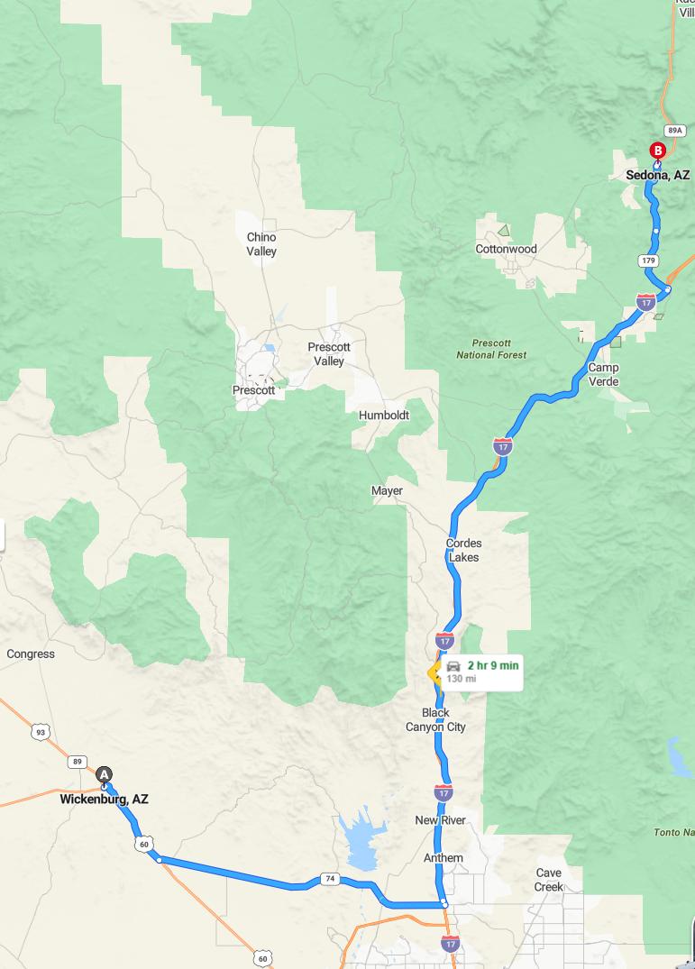 driving from Wickenburg, Arizona to SedonaArizona - map and route