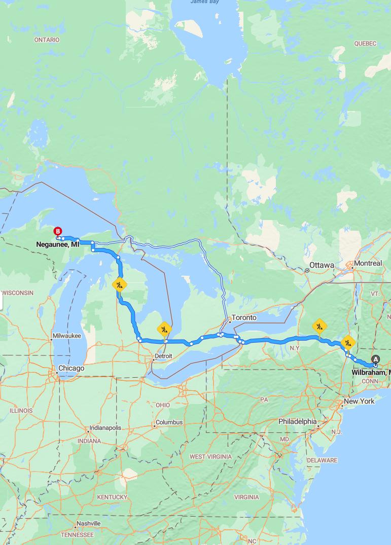 driving from Wilbraham, Massachusetts to NegauneeMichigan - map and route