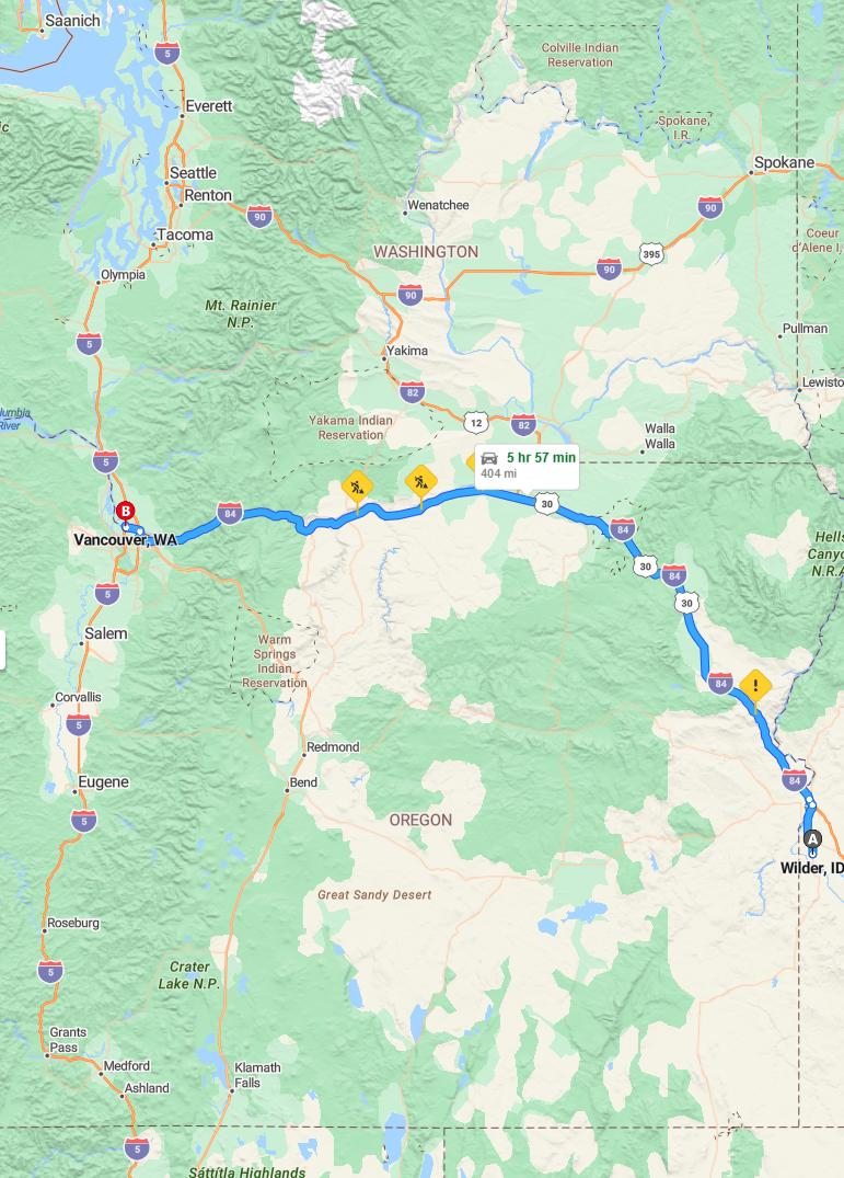 driving from Wilder, Idaho to VancouverWashington - map and route