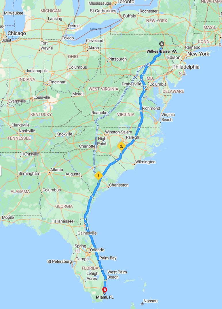 driving from Wilkes-Barre, Pennsylvania to MiamiFlorida - map and route