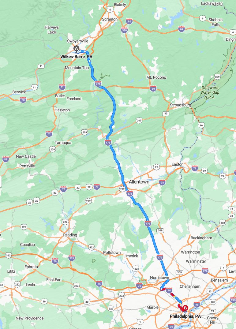 driving from Wilkes-Barre, Pennsylvania to PhiladelphiaPennsylvania - map and route