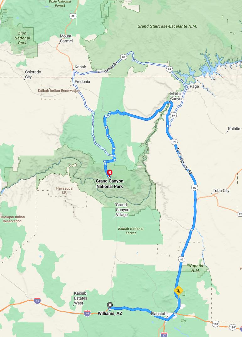driving from Williams, Arizona to Grand CanyonArizona - map and route