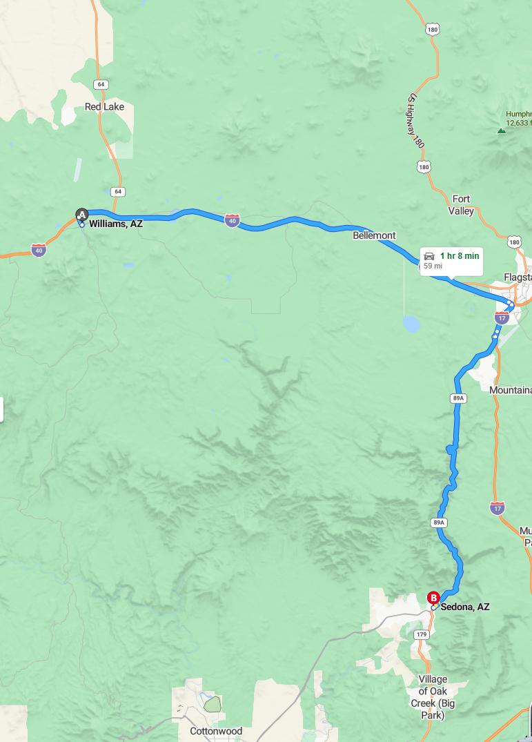driving from Williams, Arizona to SedonaArizona - map and route
