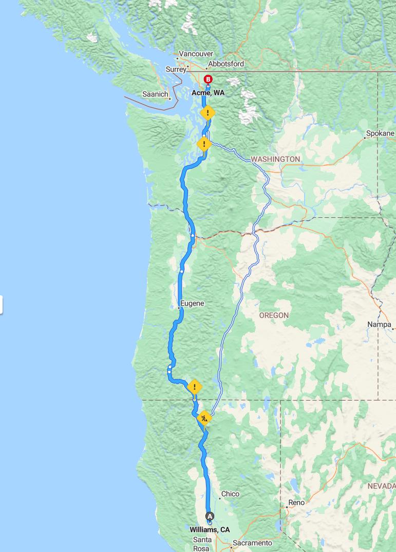 driving from Williams, California to AcmeWashington - map and route