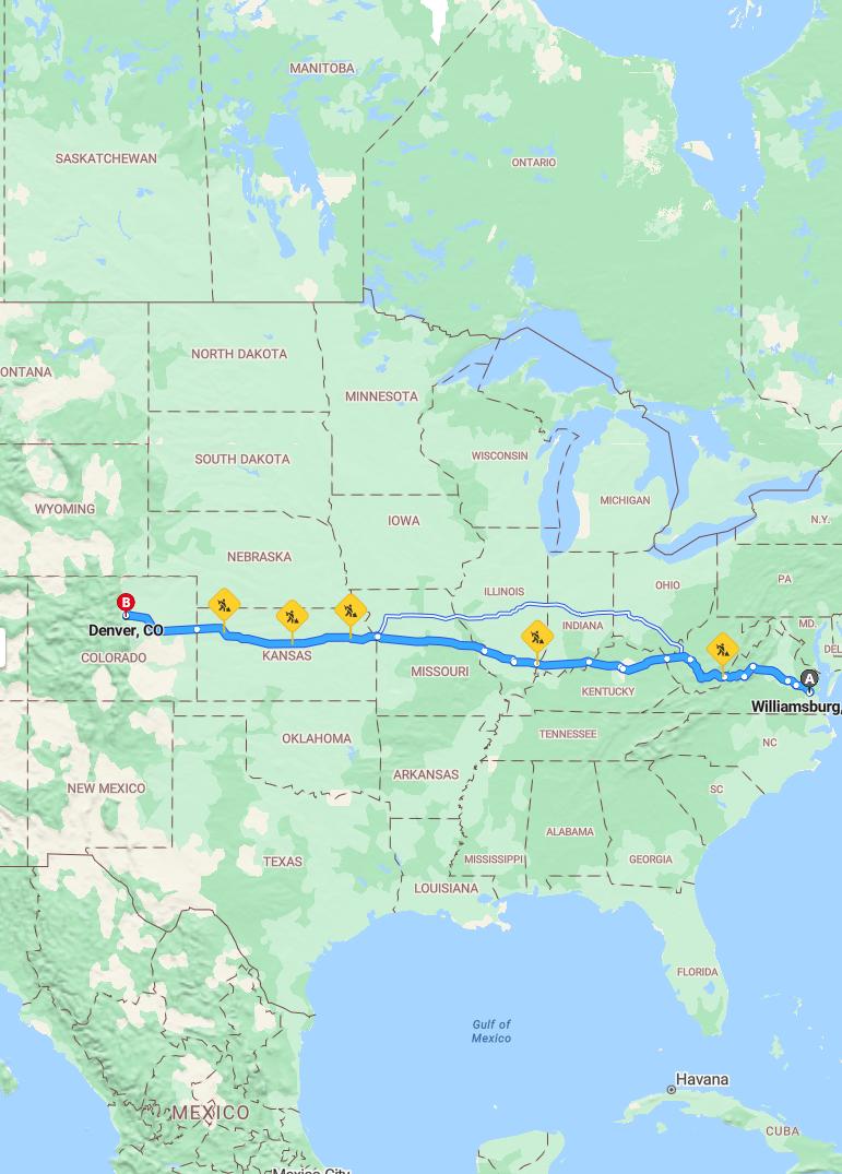 driving from Williamsburg, Virginia to DenverColorado - map and route