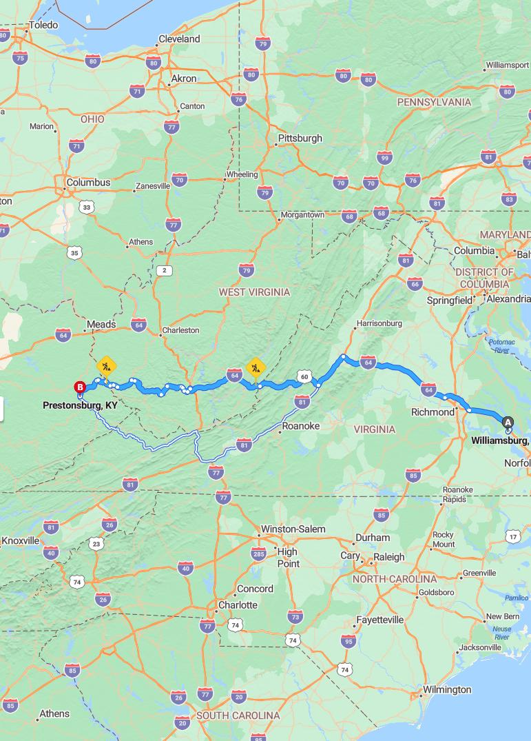 driving from Williamsburg, Virginia to PrestonsburgKentucky - map and route