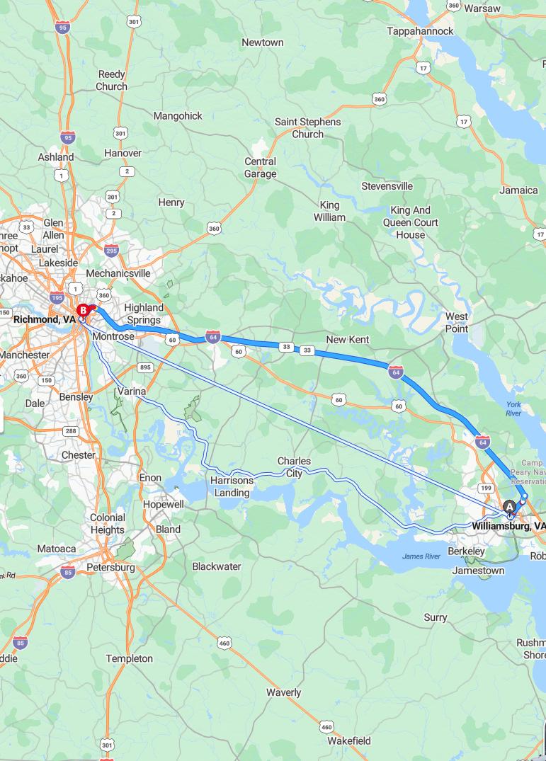 driving from Williamsburg, Virginia to RichmondVirginia - map and route