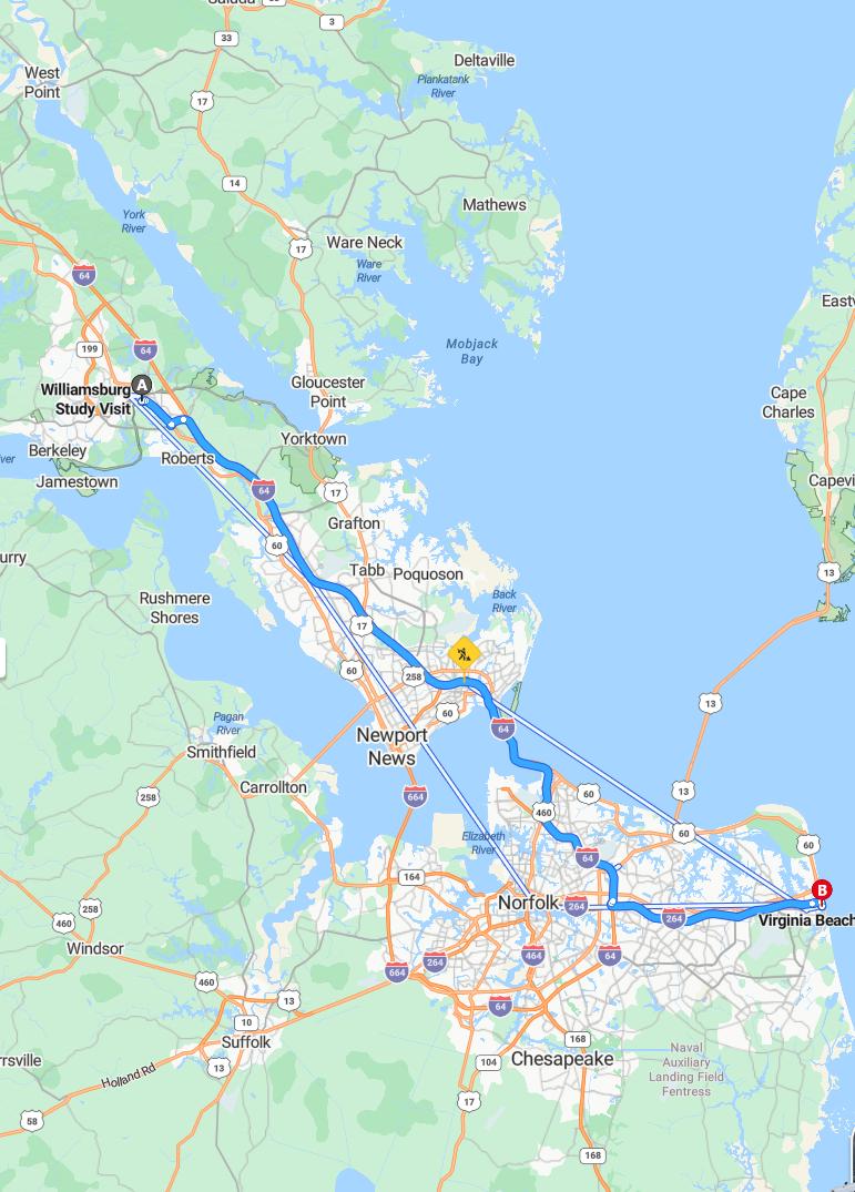 driving from Williamsburg, Virginia to Virginia BeachVirginia - map and route