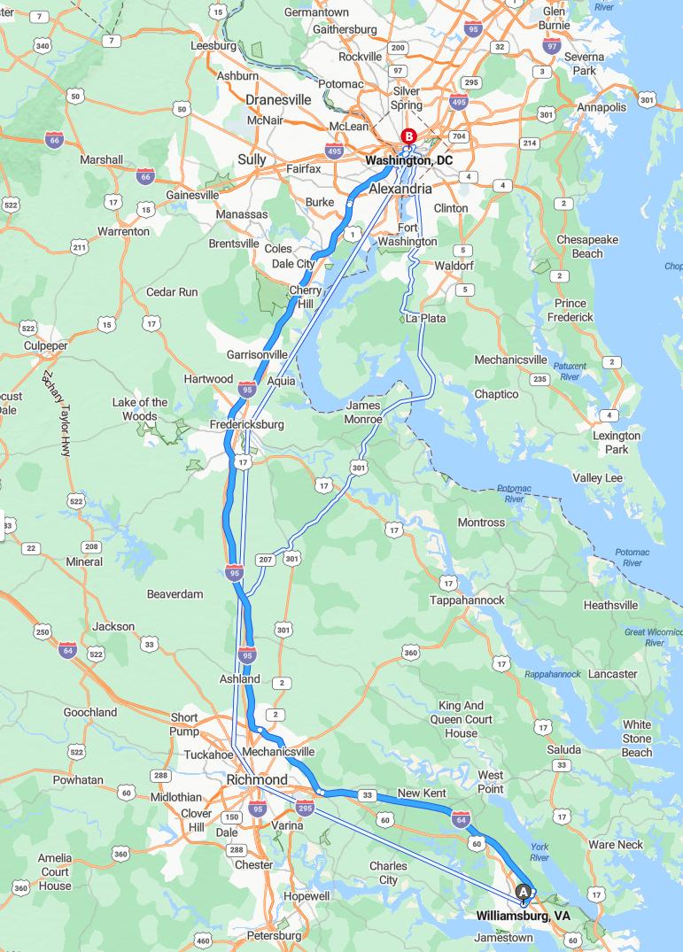 driving from Williamsburg, Virginia to WashingtonDistrict of Columbia - map and route