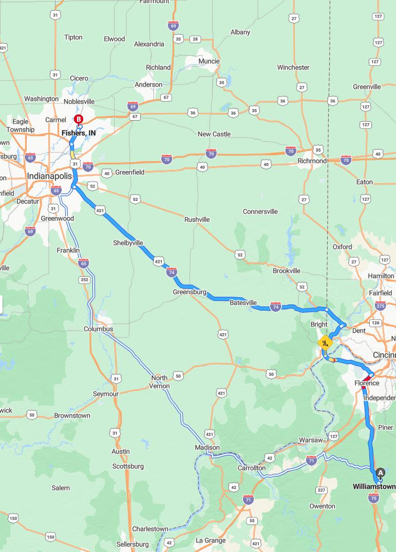 driving from Williamstown, Kentucky to FishersIndiana - map and route