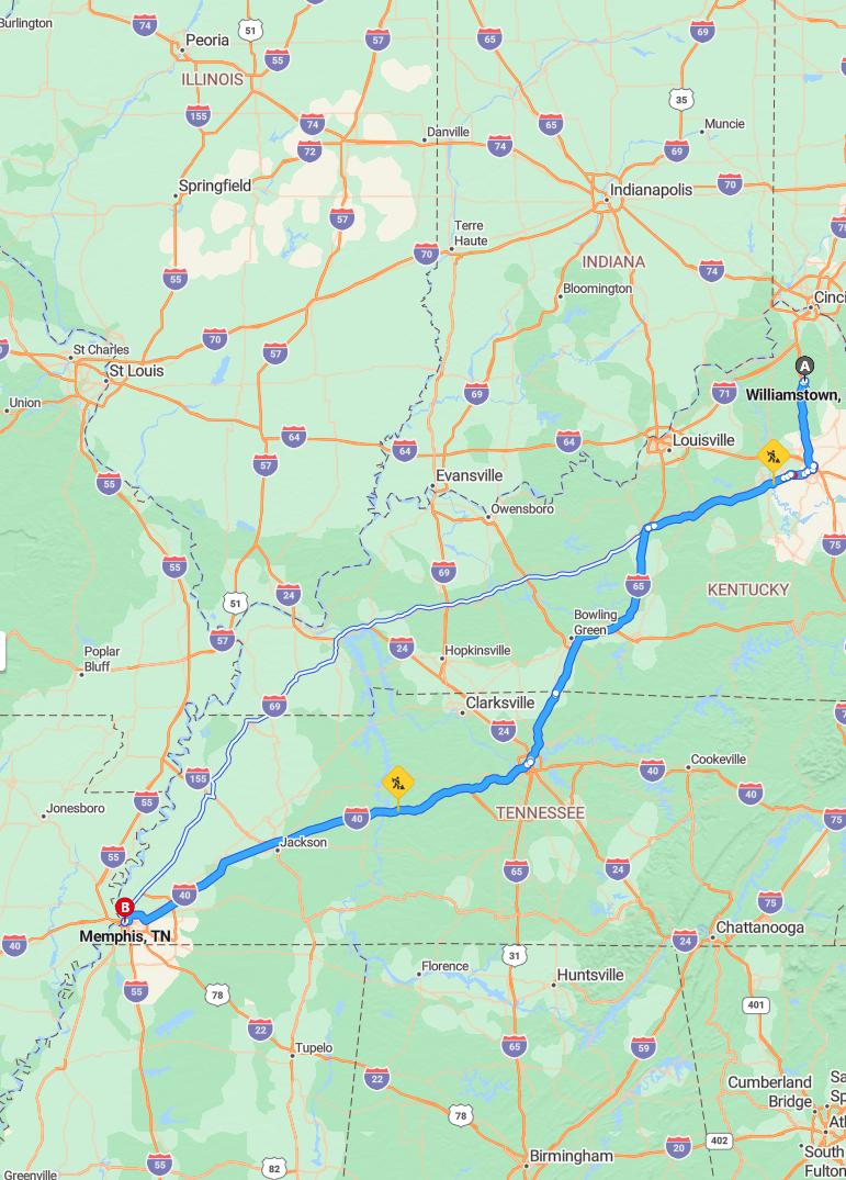 driving from Williamstown, Kentucky to MemphisTennessee - map and route