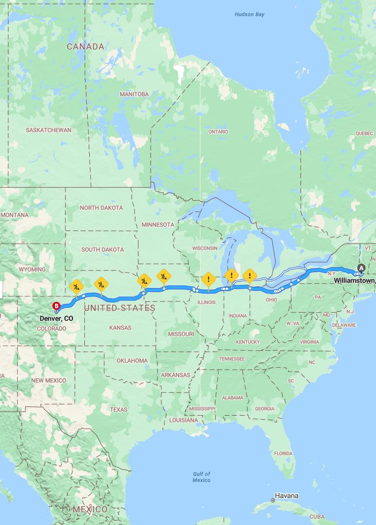 driving from Williamstown, Massachusetts to DenverColorado - map and route