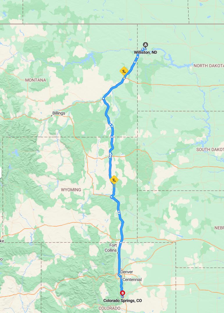 driving from Williston, North Dakota to Colorado SpringsColorado - map and route