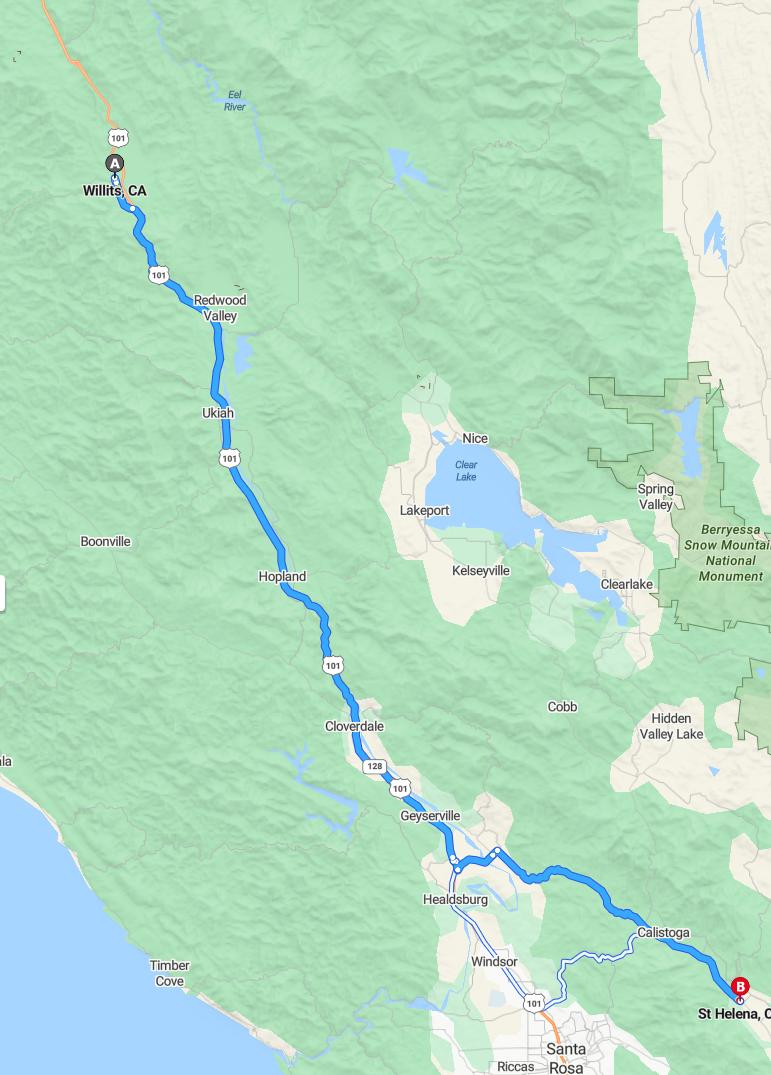 driving from Willits, California to Saint HelenaCalifornia - map and route