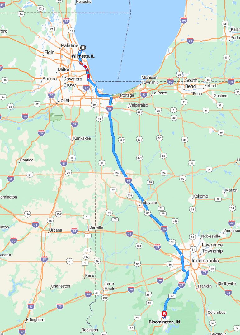 driving from Wilmette, Illinois to BloomingtonIndiana - map and route