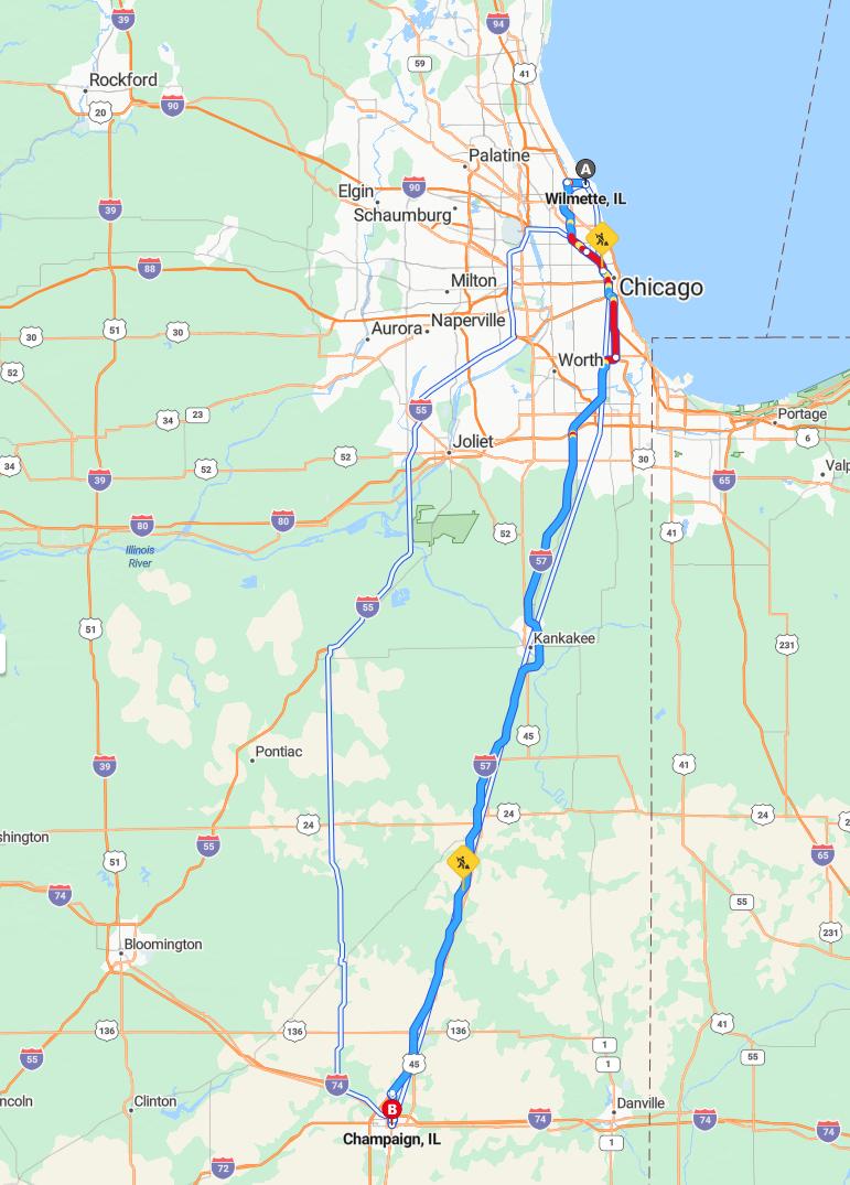 driving from Wilmette, Illinois to ChampaignIllinois - map and route