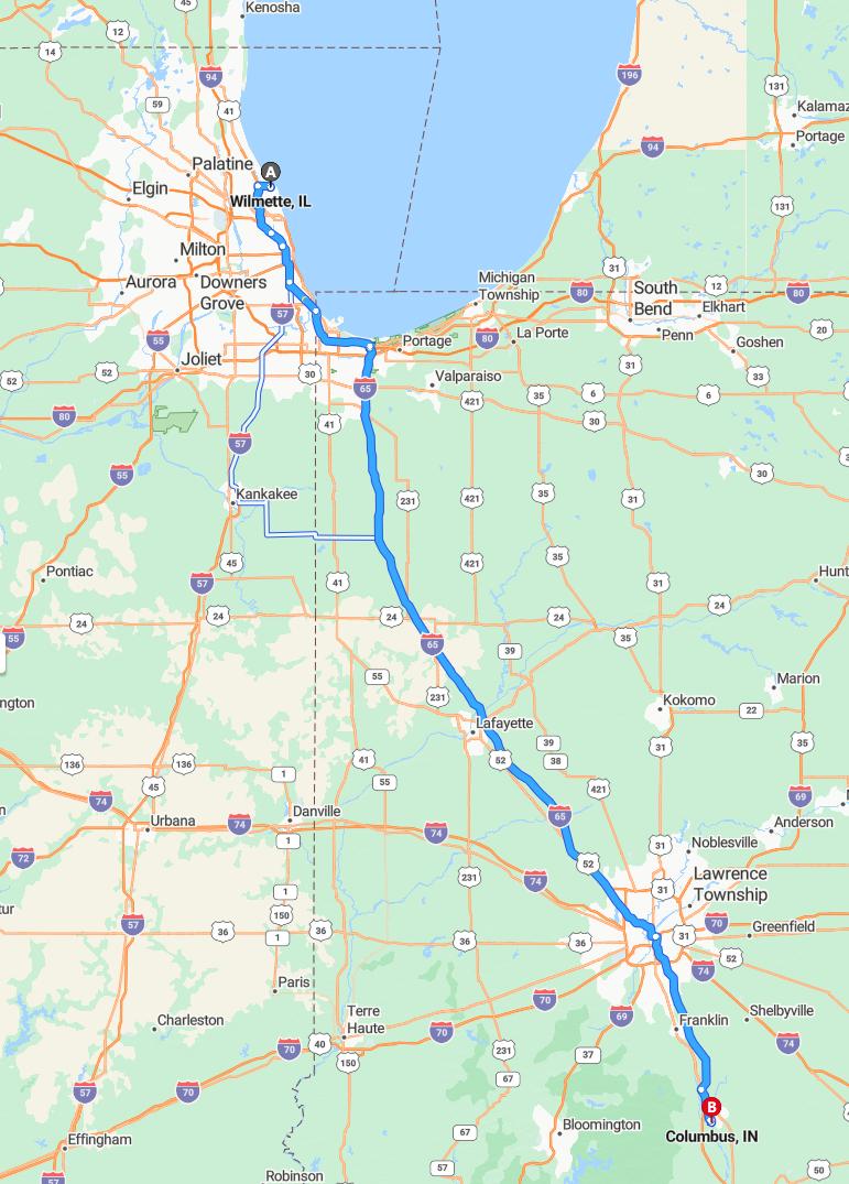 driving from Wilmette, Illinois to ColumbusIndiana - map and route