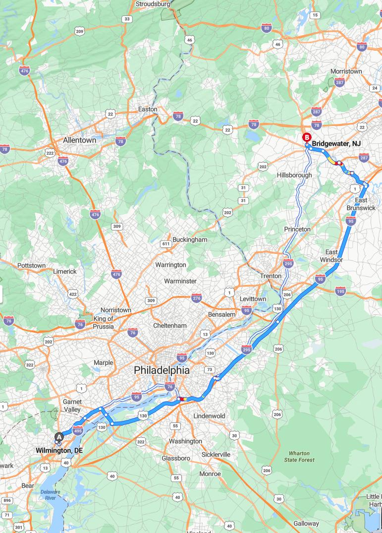 driving from Wilmington, Delaware to BridgewaterNew Jersey - map and route