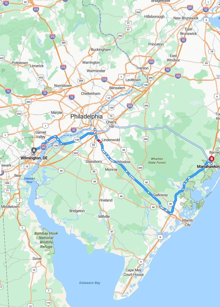driving from Wilmington, Delaware to ManahawkinNew Jersey - map and route