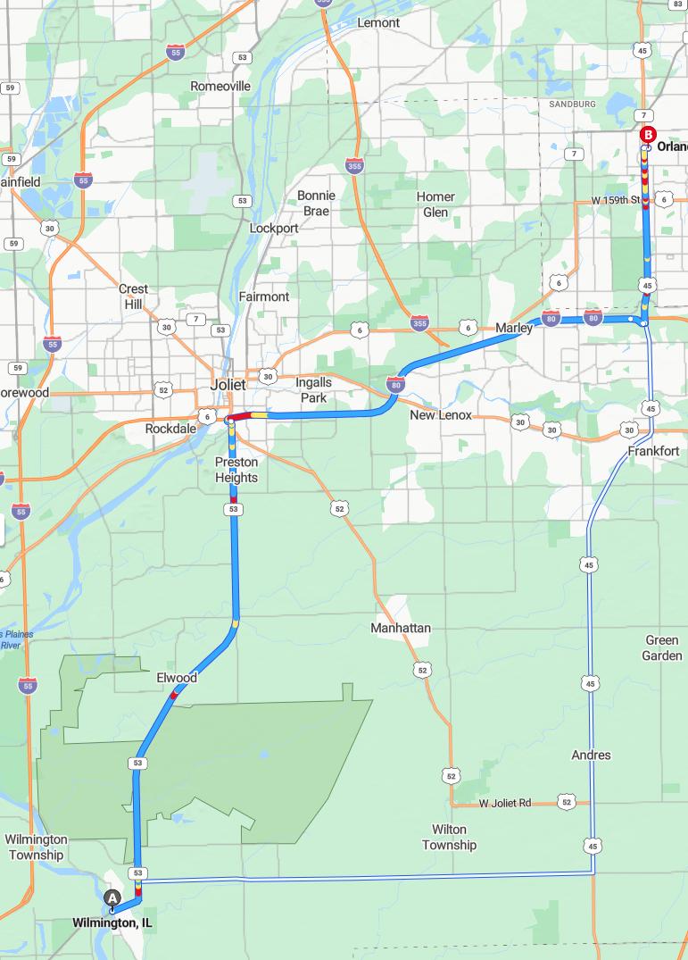 driving from Wilmington, Illinois to Orland ParkIllinois - map and route